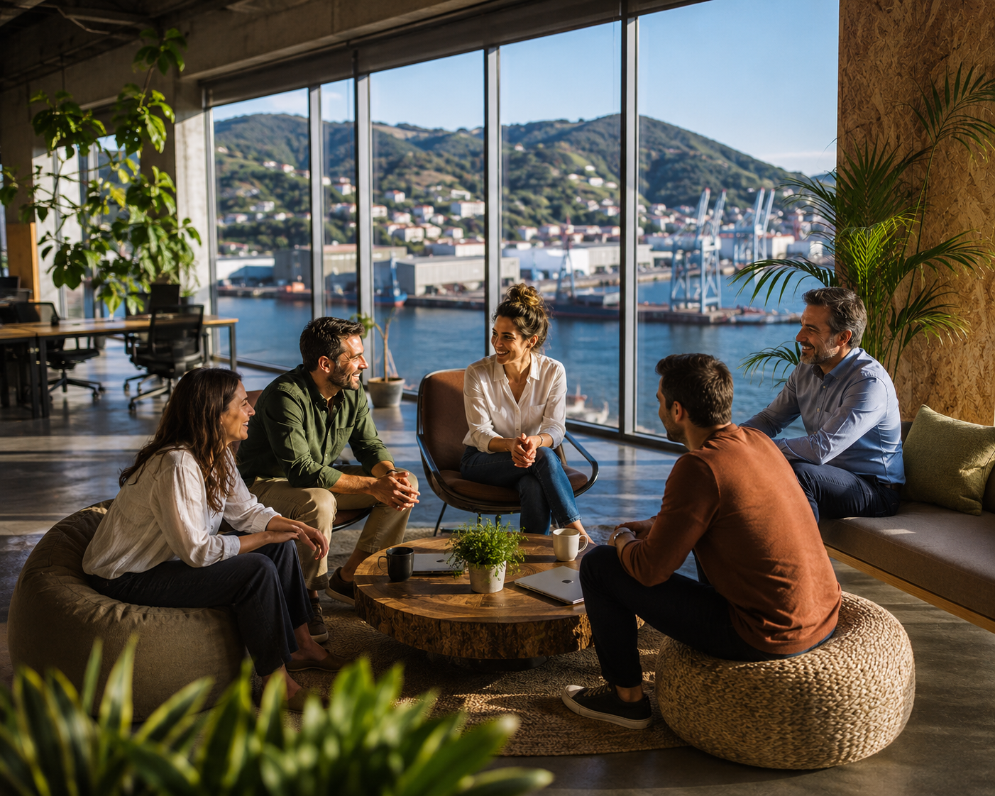 Grupo de cinco personas conversando en un espacio moderno con vista al puerto.