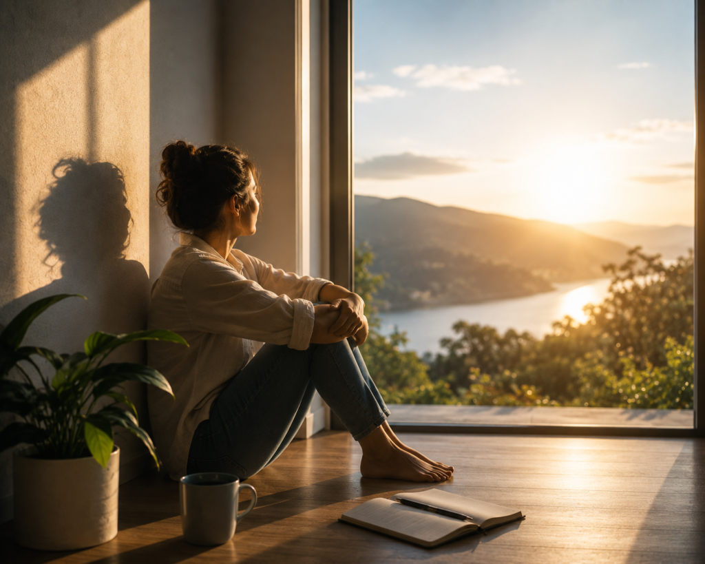 Mujer sentada junto a una ventana, contemplando un paisaje al atardecer.