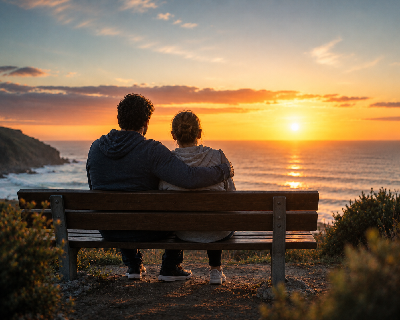 Pareja observando el atardecer desde un banco