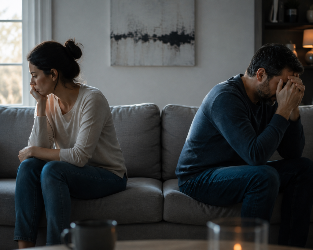 Mujer y hombre en un sofá, mostrando tensión y preocupación.