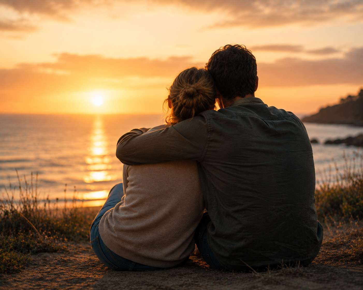 Pareja abrazada viendo una puesta de sol sobre el océano