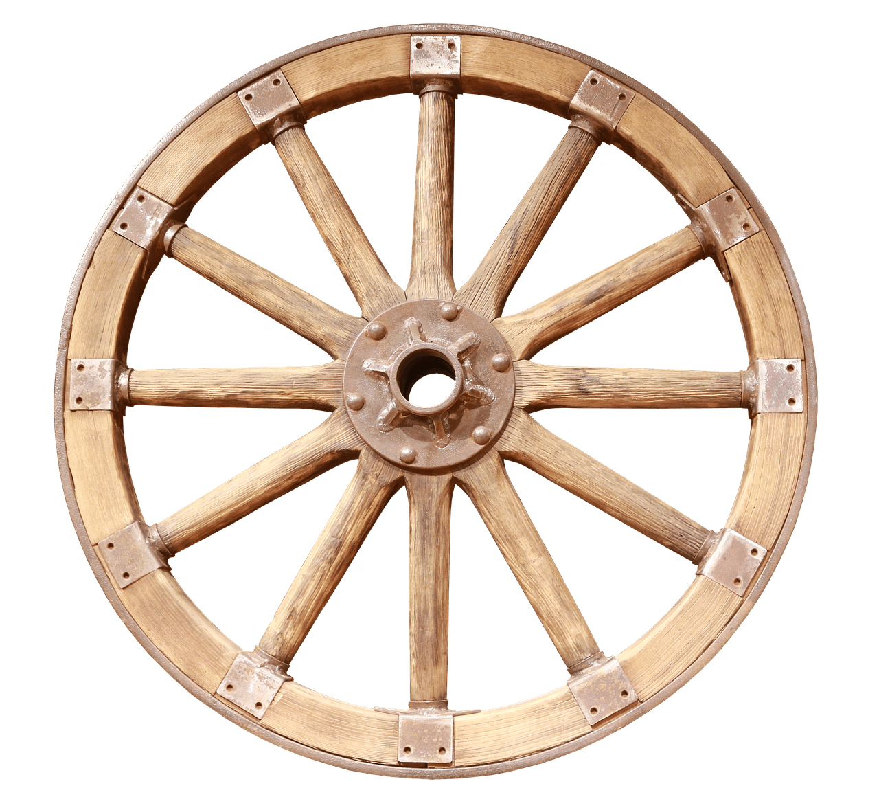 Rueda de carro de madera con diez radios