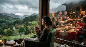 Mujer mirando por la ventana con una bebida caliente mientras grupos de personas celebran en el fondo.