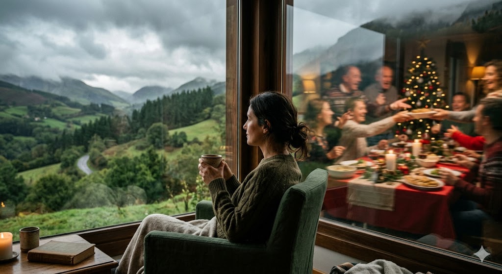 Mujer mirando por la ventana con una bebida caliente mientras grupos de personas celebran en el fondo.