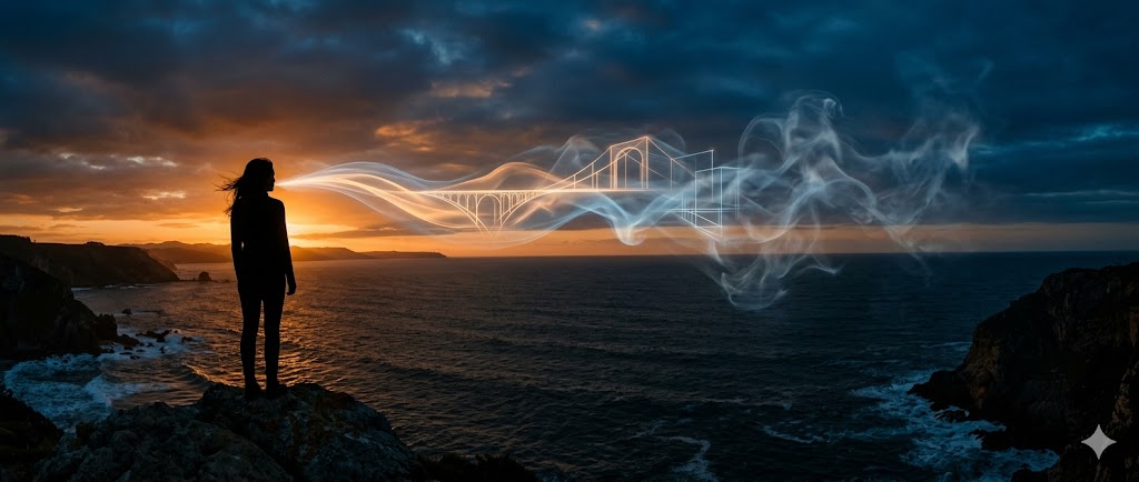 Silhouette de una persona junto al mar con un atardecer y humo abstracto