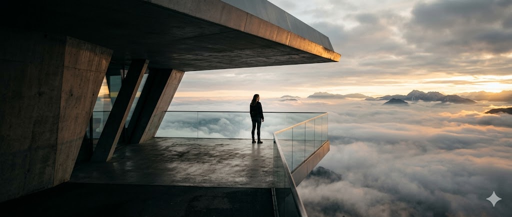 Mujer de pie en un balcón sobre un mar de nubes con montañas al fondo.