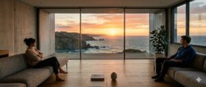 Dos personas sentadas en un sofá mirando hacia un océano al atardecer a través de grandes ventanas.
