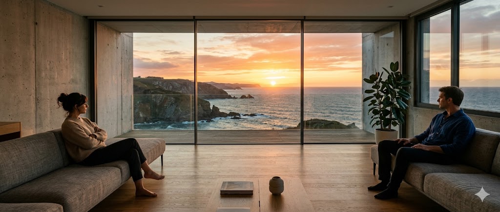 Dos personas sentadas en un sofá mirando hacia un océano al atardecer a través de grandes ventanas.