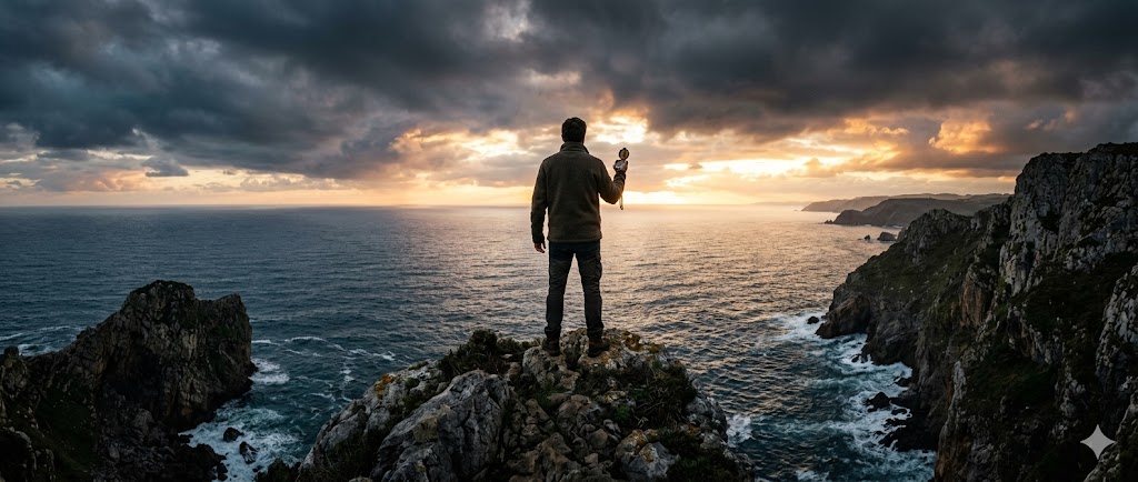 Hombre en acantilado mirando al océano durante el atardecer.