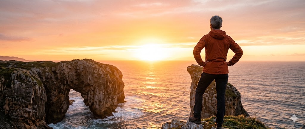 Hombre mirando un atardecer sobre el océano desde un acantilado.