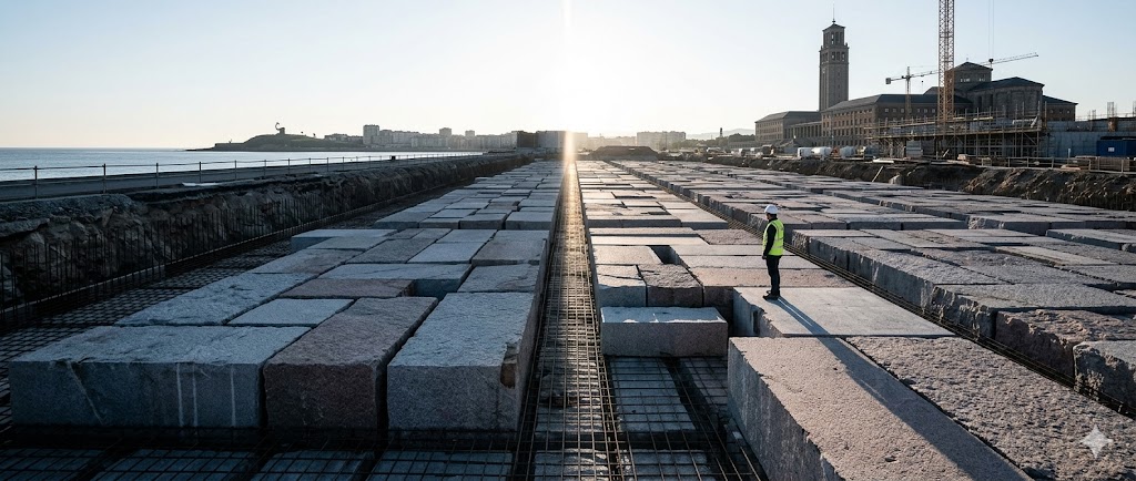 Sitio de construcción con bloques de granito y una figura humana de pie