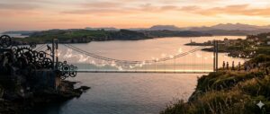 Puente con engranajes y elementos artísticos al atardecer con personas caminando.