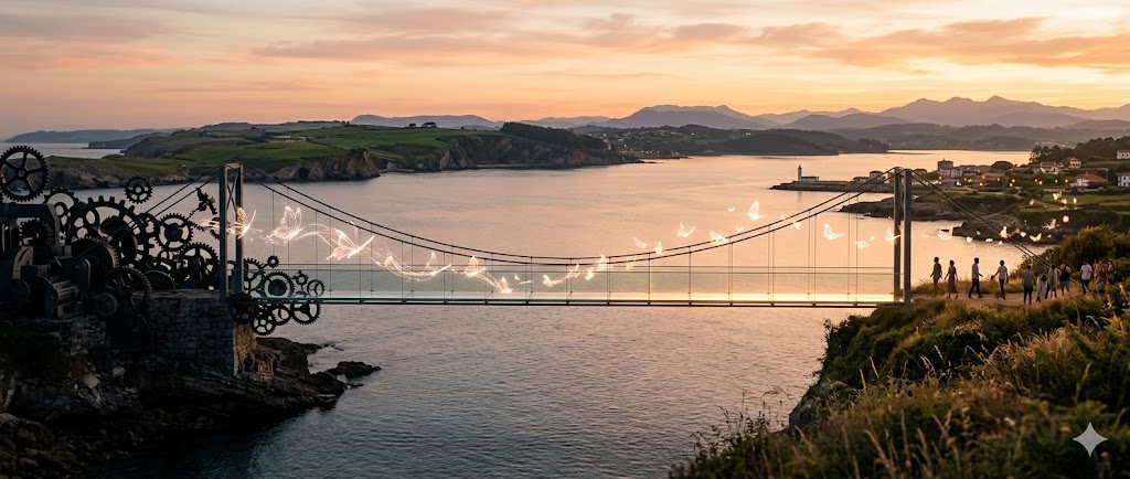 Puente con engranajes y elementos artísticos al atardecer con personas caminando.
