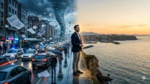 Mitad de la imagen muestra una tormenta en la ciudad y la otra mitad un paisaje sereno. Un hombre se encuentra de pie en el acantilado.