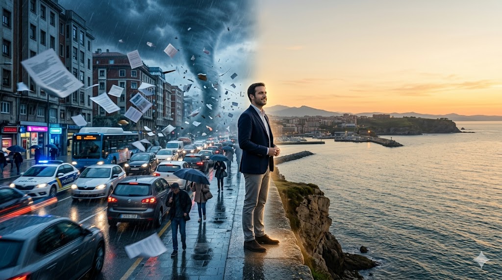 Mitad de la imagen muestra una tormenta en la ciudad y la otra mitad un paisaje sereno. Un hombre se encuentra de pie en el acantilado.