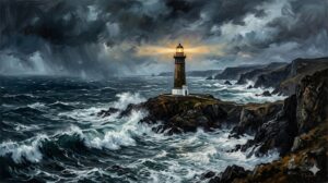 Faro iluminado en un paisaje marino agitado