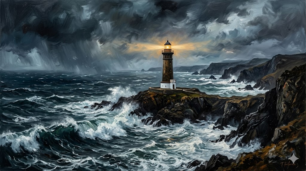 Faro iluminado en un paisaje marino agitado