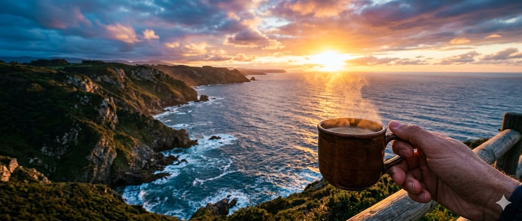 Taza de café en mano frente a un atardecer sobre el océano.