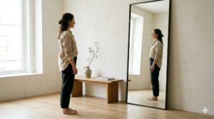 Mujer de pie frente a un espejo en una habitación iluminada.