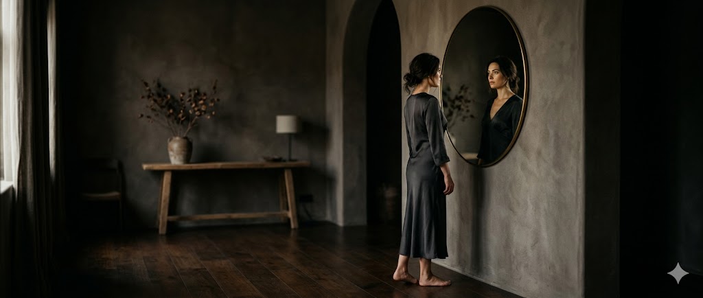 Una mujer observando su reflejo en un espejo en un ambiente moderno y minimalista.