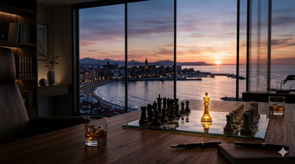 Tablero de ajedrez con piezas en una mesa de madera, vaso de whisky al lado y vista al mar al atardecer.