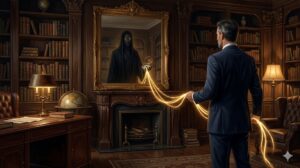 Hombre en traje frente a un espejo mostrando una figura oscura.