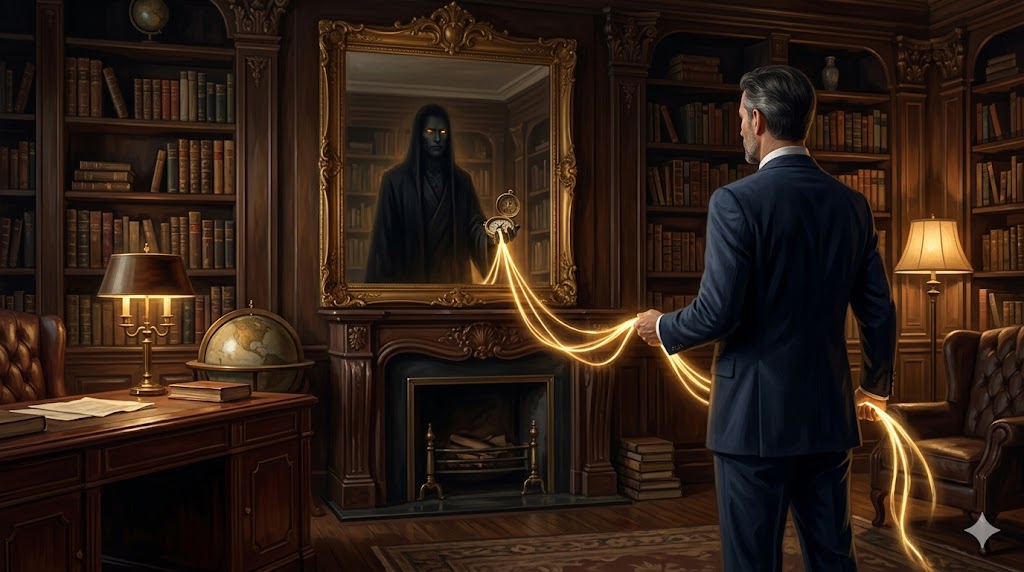 Hombre en traje frente a un espejo mostrando una figura oscura.