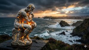 Escultura del pensador con luces en una costa rocosa
