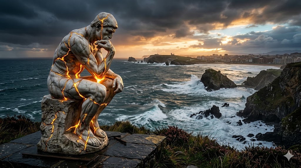 Escultura del pensador con luces en una costa rocosa