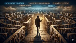 Personaje con un compás en la entrada de un laberinto con palabras sobre conocimiento y verdad.