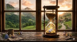 Reloj de arena sobre una mesa con flores dentro, vistas de un paisaje montañoso a través de una ventana