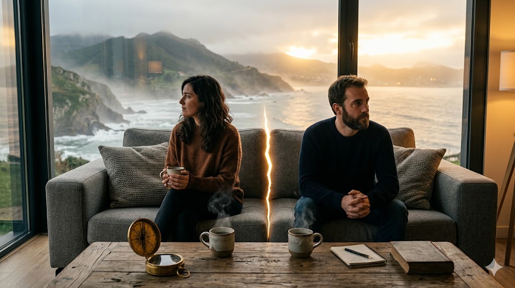 Pareja en un sofá con vista al mar, sosteniendo tazas.