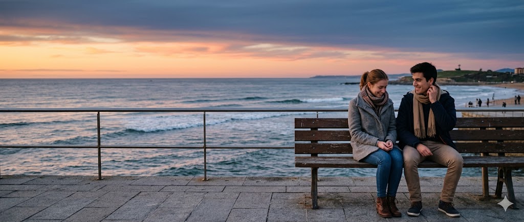 Pareja conversando en un banco frente al mar durante el atardecer.
