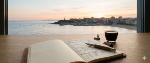 Cuaderno y taza de café en una mesa frente al mar
