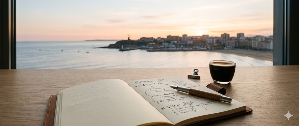 Cuaderno y taza de café en una mesa frente al mar