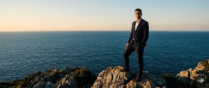 Hombre en traje oscuro en un acantilado sobre el mar
