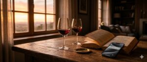 Copas de vino y un teléfono sobre una mesa de madera.