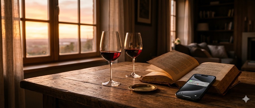 Copas de vino y un teléfono sobre una mesa de madera.