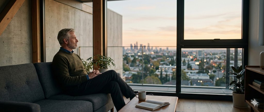 Hombre sentado en sofá mirando por la ventana hacia la ciudad al atardecer