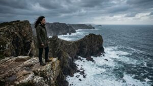 Mujer de pie en un acantilado con vista al mar
