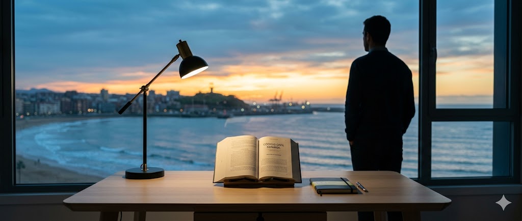 Persona de pie junto a una ventana con vista al mar y un libro abierto en la mesa.