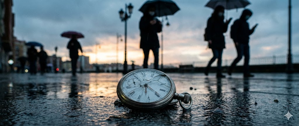 Reloj de bolsillo sobre un pavimento mojado con personas caminando.