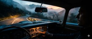 Interior de un coche clásico en una carretera montañosa al amanecer.