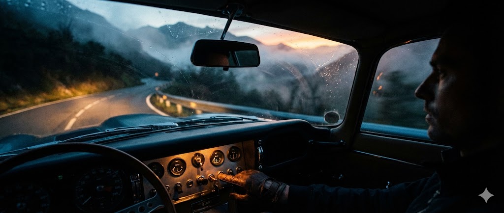 Interior de un coche clásico en una carretera montañosa al amanecer.