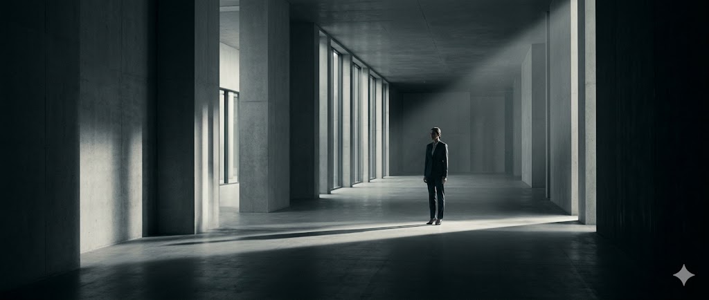 Hombre de pie en un espacio interior minimalista con luz que entra por las ventanas.
