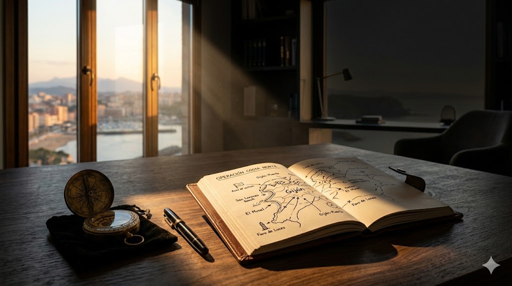 Mapa abierto sobre un escritorio con brújula y luz del sol