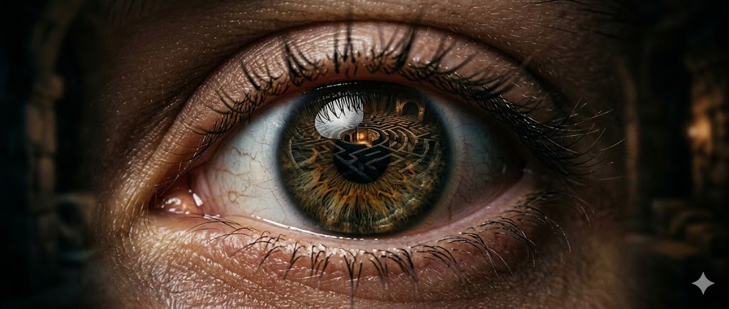 Ojo humano con un iris colorido y un reflejo de un laberinto