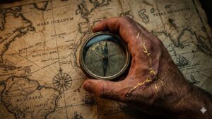 Brújula antigua en una mano sobre un mapa marítimo.