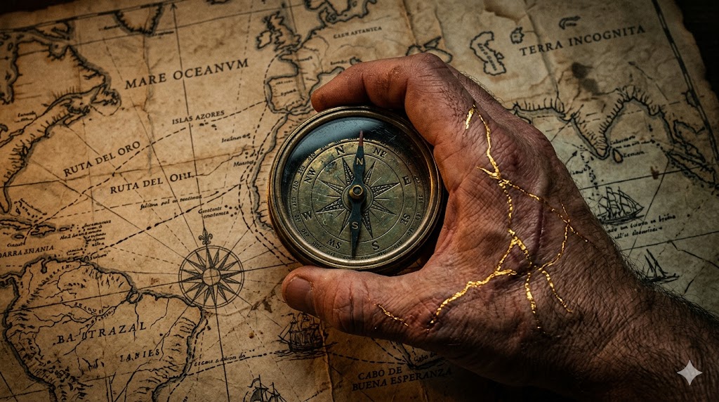 Brújula antigua en una mano sobre un mapa marítimo.