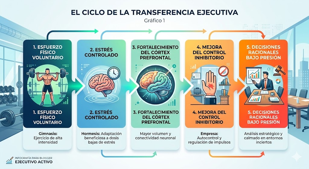 Una infografía que muestra un proceso de cinco pasos titulado "El Ciclo de la Transferencia Ejecutiva". Cada paso incluye un icono, un título y una descripción, y está marcado por una flecha Una infografía que muestra un proceso de cinco pasos titulado "El Ciclo de la Transferencia Ejecutiva". Cada paso incluye un icono, un título y una descripción, y está marcado por una flecha